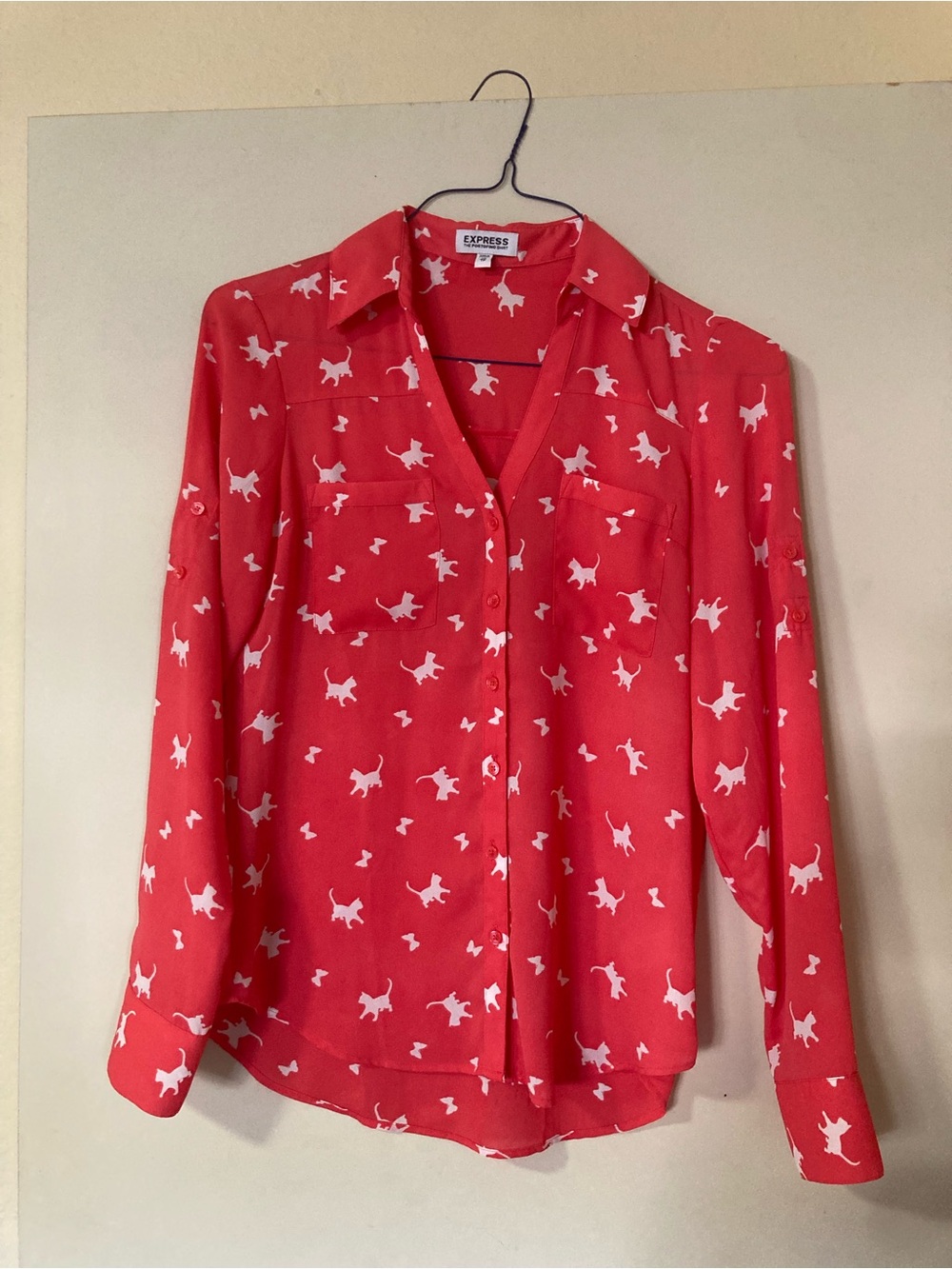 Express Coral Cat-Print Button Down Shirt